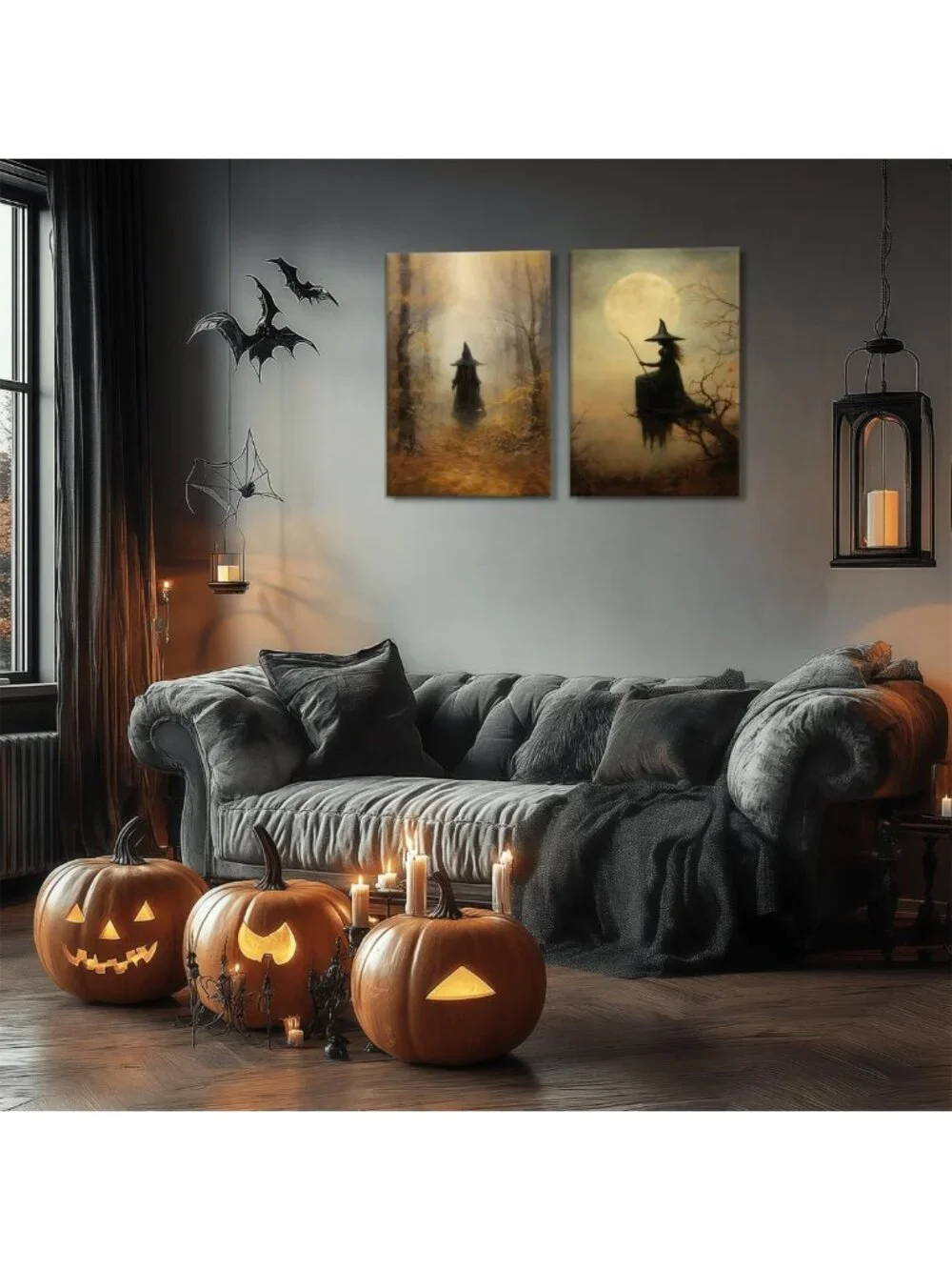 Vintage Witch Canvas Wall Art Set - Gothic Halloween Decor, Creepy Rustic Prints